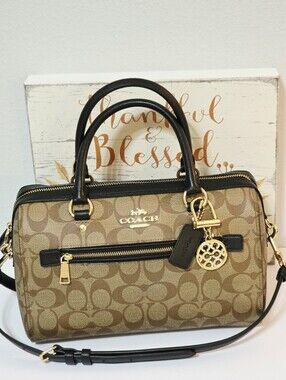 Coach Rowan Black Khaki Medium Crossbody Bag Shoulder Purse + Coach Sig C Charm